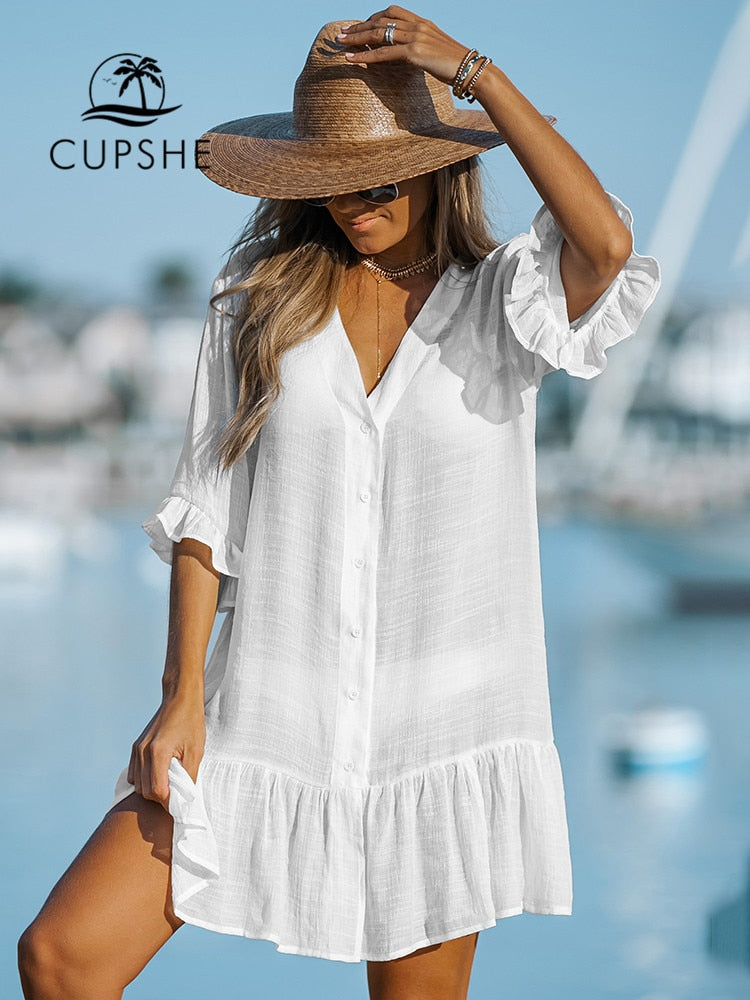 CUPSHE White Ruffled Long Sleeve Bikini Cover Up For Women Shirt Beach Dress Tunic Shirtdress 2023 Summer Mini Dress Beachwear