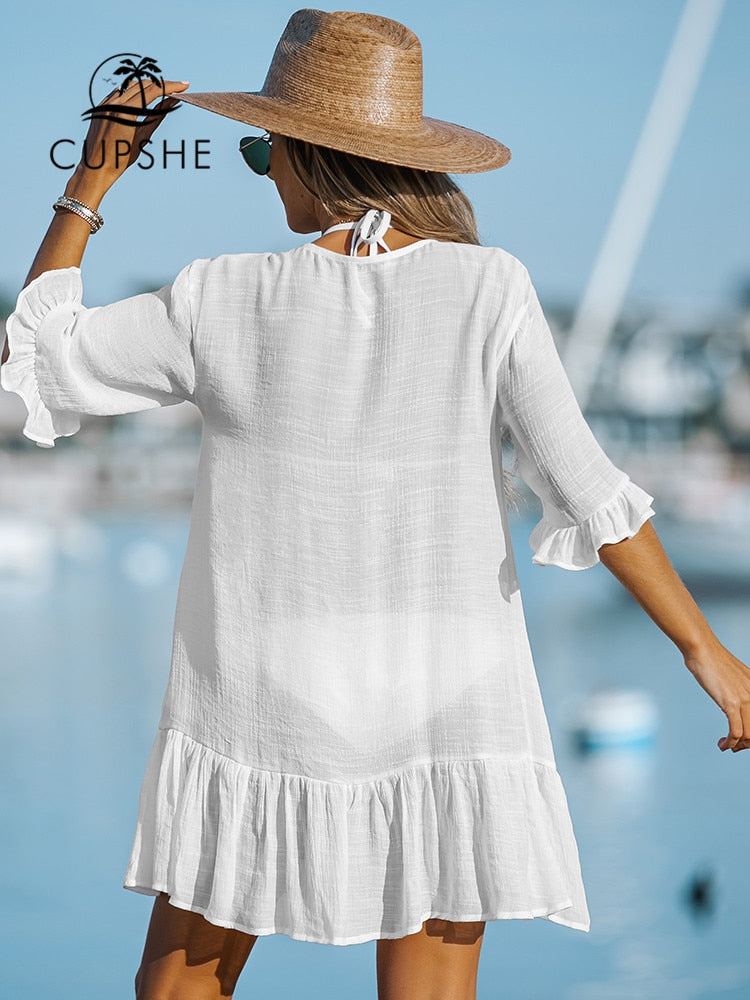 CUPSHE White Ruffled Long Sleeve Bikini Cover Up For Women Shirt Beach Dress Tunic Shirtdress 2023 Summer Mini Dress Beachwear