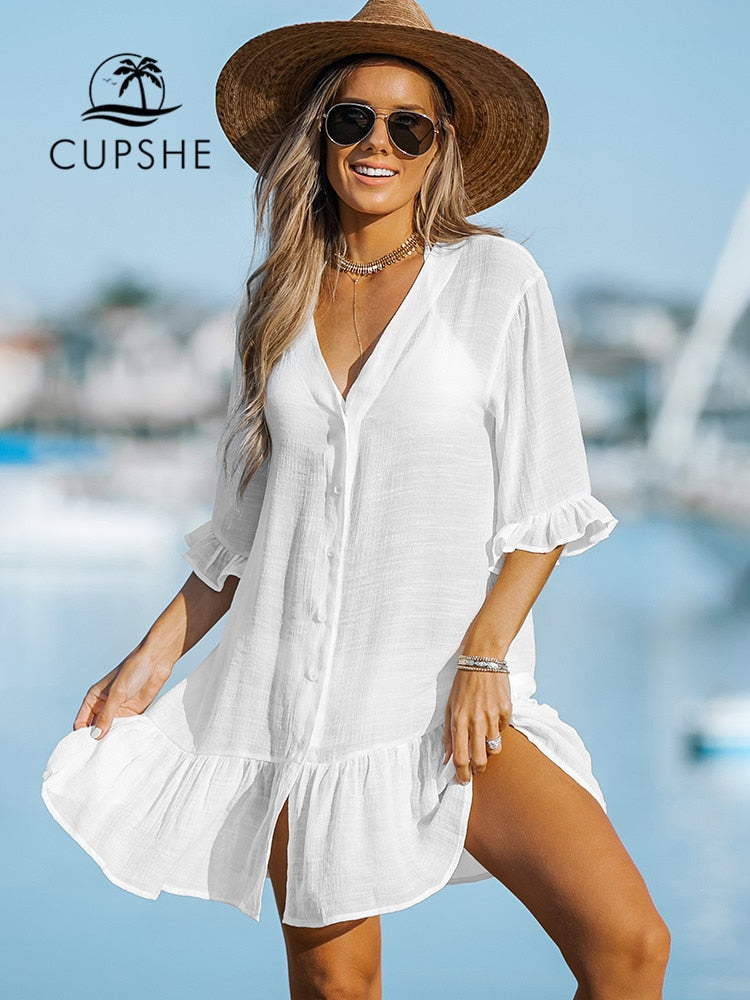 CUPSHE White Ruffled Long Sleeve Bikini Cover Up For Women Shirt Beach Dress Tunic Shirtdress 2023 Summer Mini Dress Beachwear