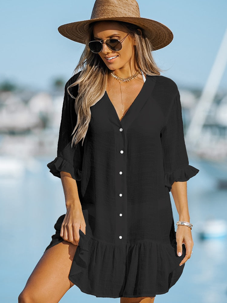 CUPSHE White Ruffled Long Sleeve Bikini Cover Up For Women Shirt Beach Dress Tunic Shirtdress 2023 Summer Mini Dress Beachwear