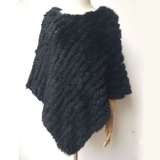 HSPL 2023 Spring Hot Sale Knitted Natural Fur Shawl  Fashion Rabbit Fur Cape Shawl Genuine Rabbit Fur Women Black Fur Poncho