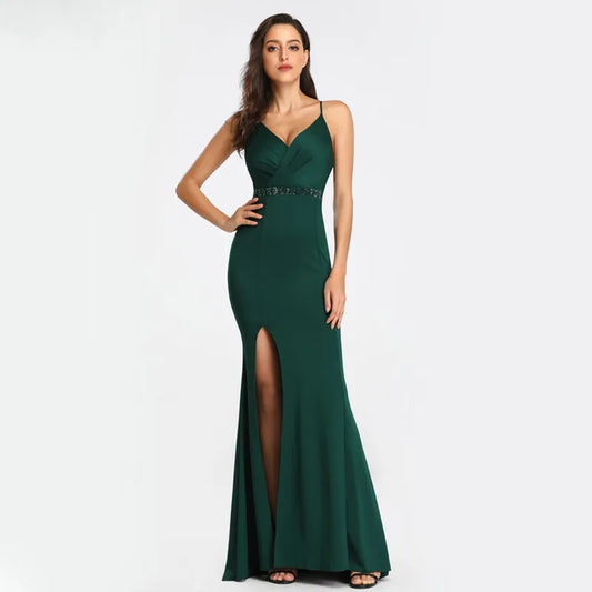 YIDINGZS Soft Satin Strap Green Dress Sexy Slit Evening Dress Women's Backless Party Maxi Dress