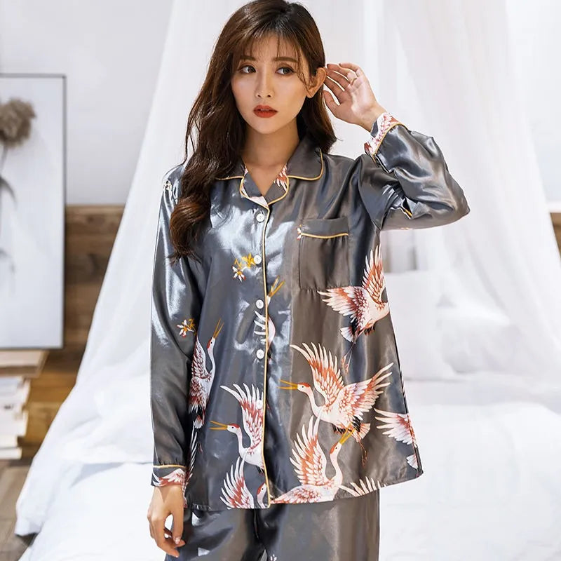 OVERSIZE Couples Print Pajamas Suit Shirt&amp;Pants Silky 2PCS Sleep Set Kimono Bathrobe Gown Casual Bridal Wedding Gift Nightwear