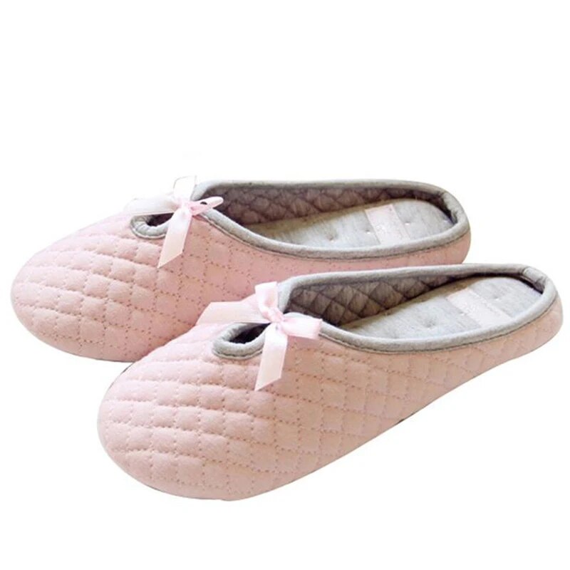 Lovely Bowtie Winter Women Home Slippers For Indoor Bedroom House Soft Bottom Cotton Warm Shoes Adult Guests Flats