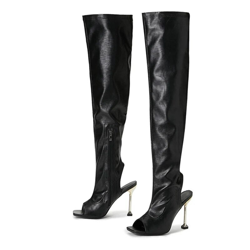 Spring Autumn Sexy Zip Metal Thin Heels Open Toe Leather Thigh High Over The Knee Boots Ladies Party Club Stripper Shoes Women