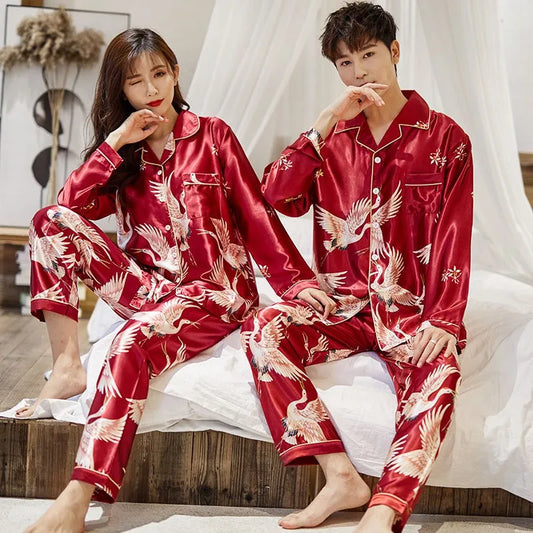 OVERSIZE Couples Print Pajamas Suit Shirt&amp;Pants Silky 2PCS Sleep Set Kimono Bathrobe Gown Casual Bridal Wedding Gift Nightwear