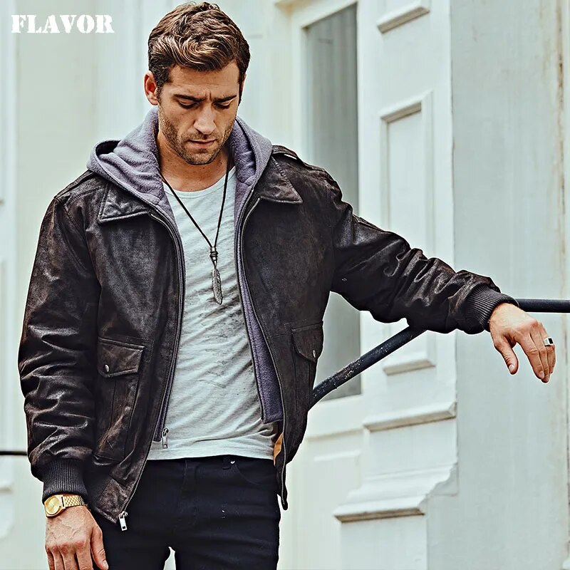 FLAVOR New Men's  Genuine Leather Bomber Jackets Removable Hood Men Air Forca Aviator winter coat Men Warm Real Leather Jacket