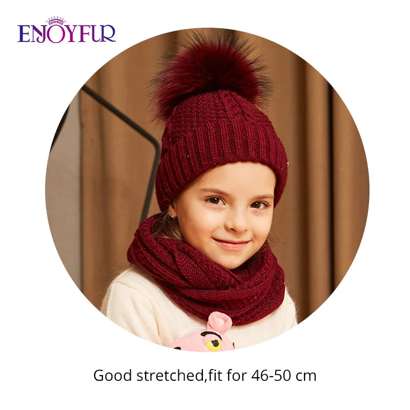 ENJOYFUR winter hat and scarf set for girls high quality Cotton knitted soft hat girl thick boy caps children warm hat set