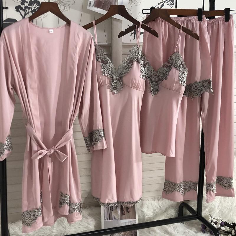 Sexy Female Kimono Bathrobe Gown Satin Nightdress Home Clothes Silky Lace Patchwork Intimate Lingerie Nightgown Sleepwear