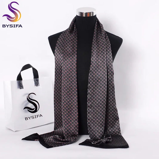 [BYSIFA] Black Red Long Scarves For Men Fashion Accessories Male Pure Silk Scarf Cravat Winter Flowers Pattern Scarf 160*26cm