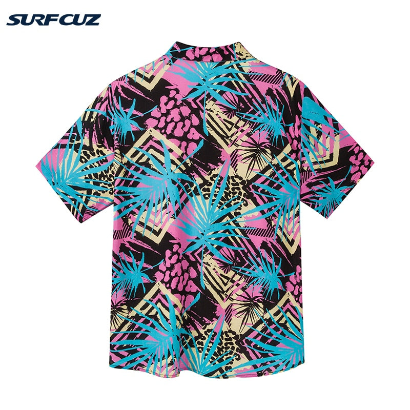 SURFCUZ Hawaiian Shirts For Men Tropical Pink Floral Aloha Shirt Sleeve Floral Loose Oversized Streetwear Men&#39;s Beach Shirts