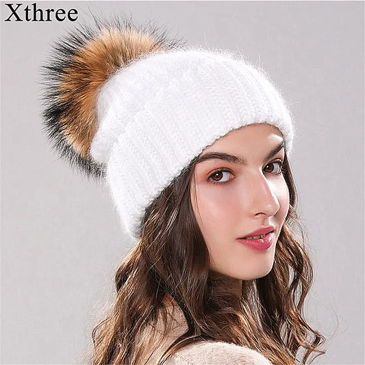 Xthree 70% Angola Rabbit Fur Knitted Hat with Real Fur Pom Pom Hat Skullie Beanie Winter Hat for Women  Girl 's Hat Female Cap