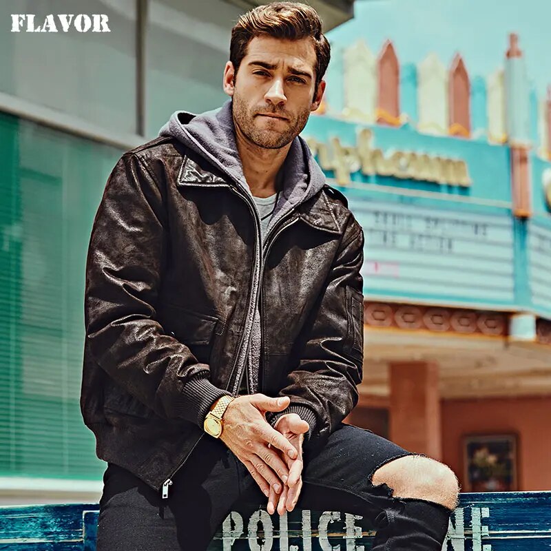 FLAVOR New Men's  Genuine Leather Bomber Jackets Removable Hood Men Air Forca Aviator winter coat Men Warm Real Leather Jacket