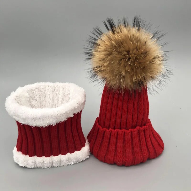 winter hat set Boys Girls Kids Warm Fleece Liner Hats set Winter Hat For Children Baby 100% Fur Pompom Skullies Beanies