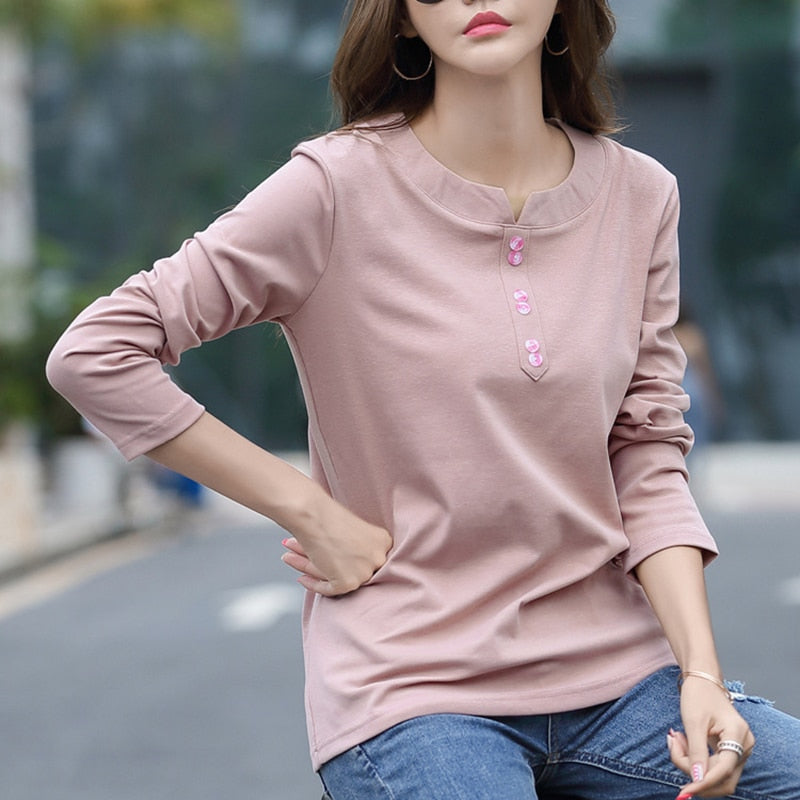 New Button T Shirt Women Cotton Spring Autumn Long Sleeve Top 2022 Fashion Women Clothes Casual Womens T-Shirt Tee Shirt Femme