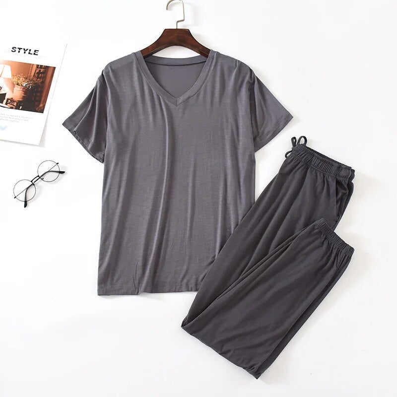 Fdfklak Nightwear Set 2Pcs Pajamas For Man Sleepwear Spring Summer Modal Short Sleeve Pijamas Man Black Home Clothes