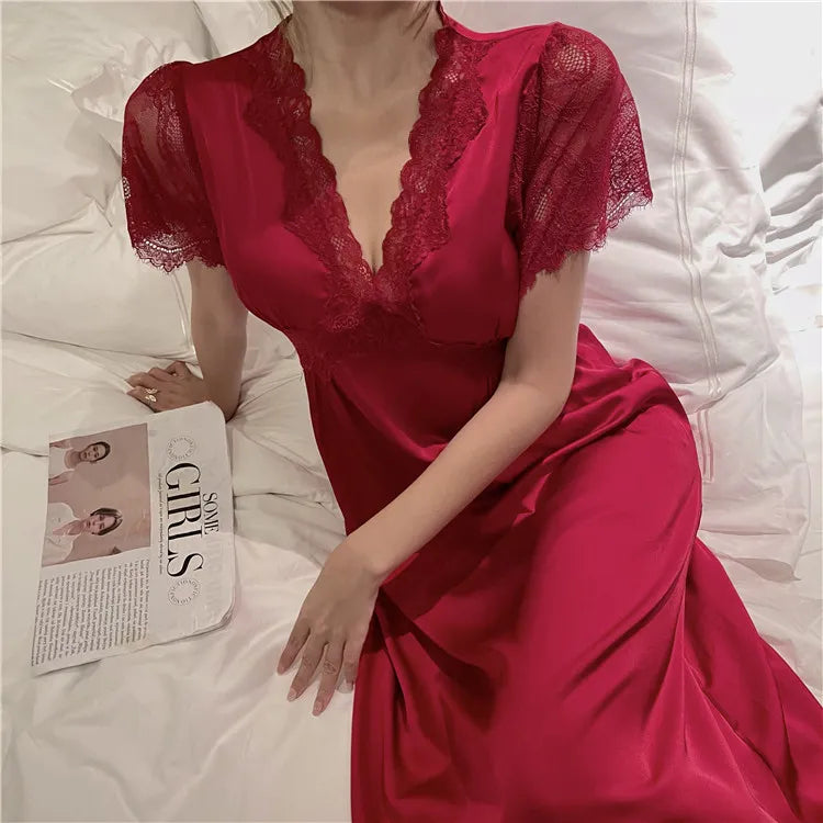 Summer Satin Night Dress Women Sleepwear With Bras Long Lace Nightgown Short Sleeve Sleepdress Loose Intimate Lingerie Nightwear