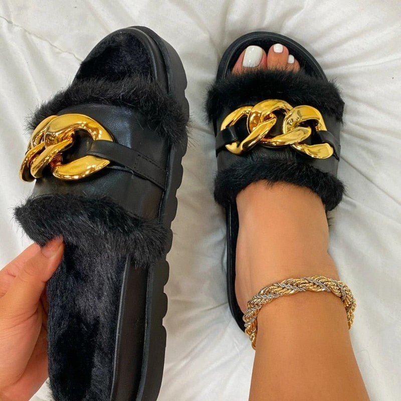 2021 Winter Plush Slippers Fashion Open Toe Solid Color Women&#39;s Sandals Metal Chain Outdoor Casual Women&#39;s Shoes  Fashion Shoes