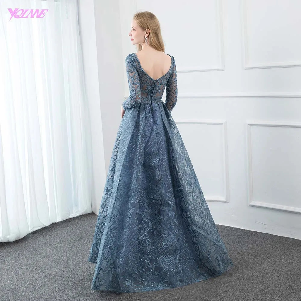 YQLNNE Dusty Blue Lace Embroidered Evening Dress Long Sleeve Formal Ball Gown Evening V Neck Crystal Beaded Dubai Dresses