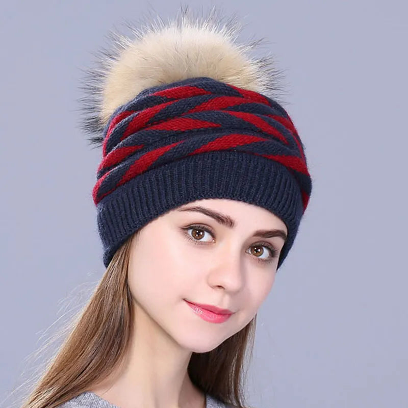 Xthree Double-deck Rabbit fur Knitted winter hat for women Real  Fur Pom pom Hat Female hat cap For girl Skullies Beanies