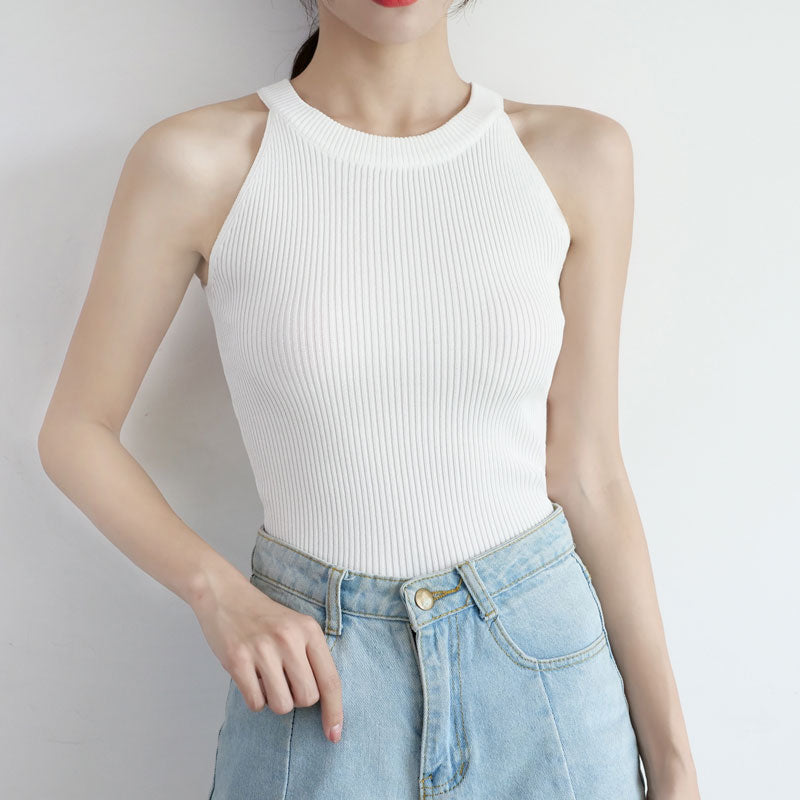 Women Y2K Crop Tops Black Knitted Off Shoulder Summer Tank Tops Female O-Neck Streetwear Tee Elastic Solid Crop Tops For Women