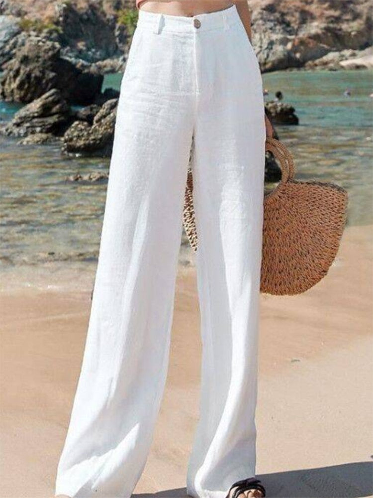 Casual Cotton Linen Wide Leg Beach Pants Boho Loose Pantalones Vintage High Waist Sweatpants Solid Straight Baggy Trousers Women