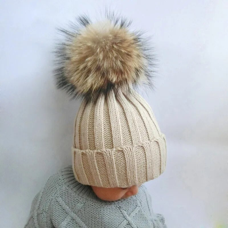 2023 Fashion Children Winter Real Fur Pompom Beanie Hat Scarf Warm Knitted Baby Hats For Kids Girls Boys Pom pom Cap