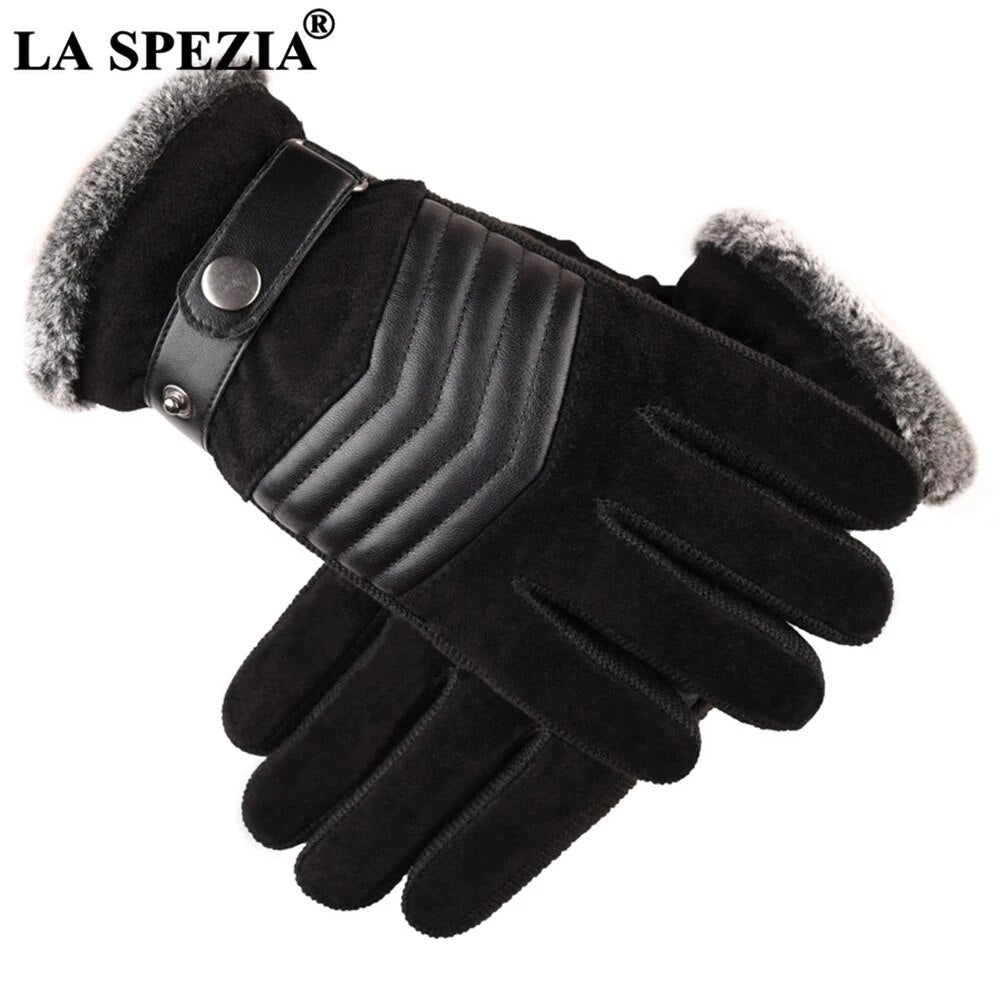 LA SPEZIA Brown Mens Leather Gloves Real Pigskin Russia Winter Gloves Warm Thick Driving Skiing Men's Gloves Guantes Luvas