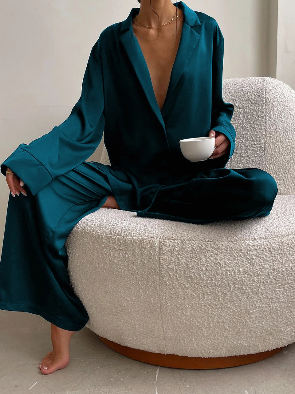 Autumn Solid Color Trouser Suits Sleepwear Loose Women's Home Clothes Single Breasted Set Woman 2 Pieces Sexy Nightie Open Shirt