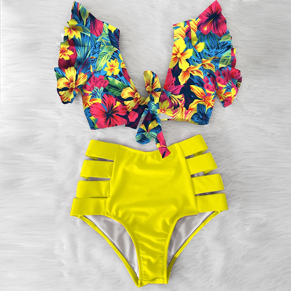 High Waist Ruffled Sexy Bikini Set 2022 Flounce Biquini Swimwear Women Two Pieces Swimsuit Floral Beachwear V-Neck Bathing Suit