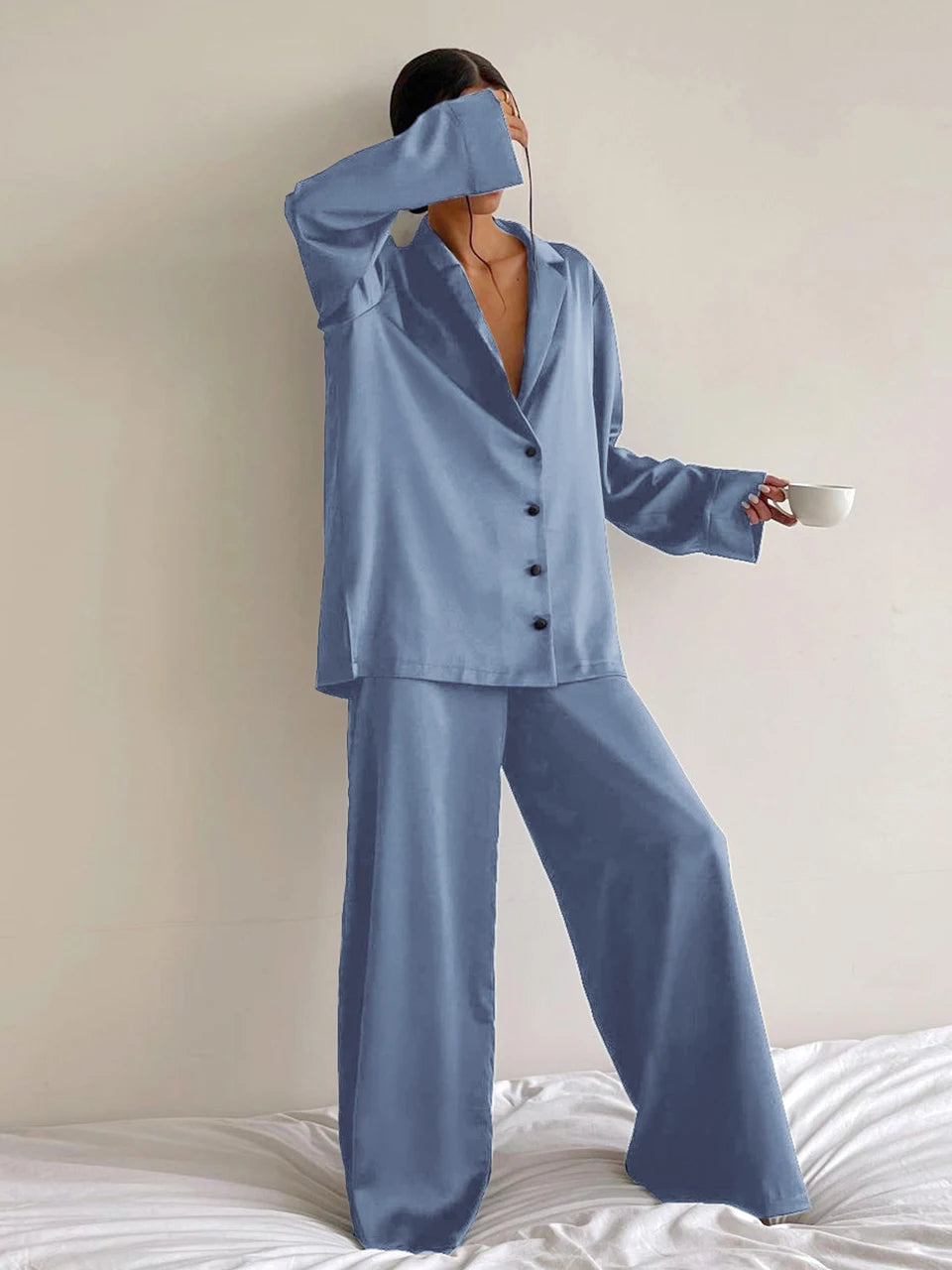 Autumn Solid Color Trouser Suits Sleepwear Loose Women's Home Clothes Single Breasted Set Woman 2 Pieces Sexy Nightie Open Shirt