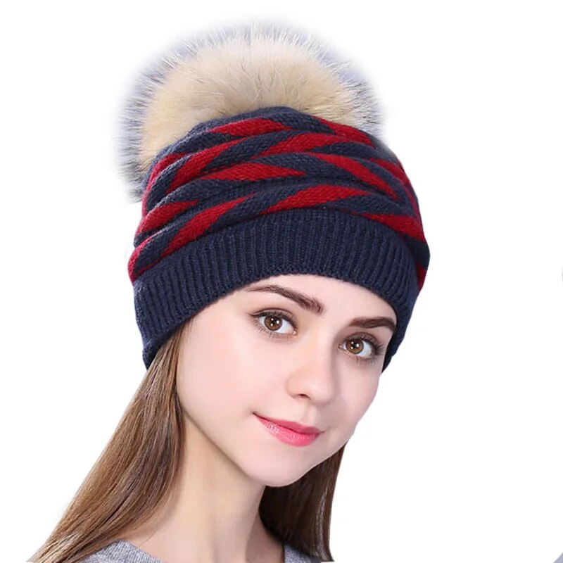 Xthree Double-deck Rabbit fur Knitted winter hat for women Real  Fur Pom pom Hat Female hat cap For girl Skullies Beanies