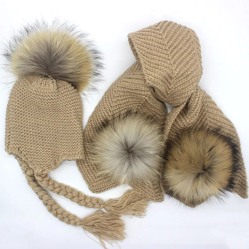 Kids knitted Scarf Hat Set Luxury Winter Warm Crochet Hats and scarves with Real Fur Pom Beanie Hat Scarf for boys and girls