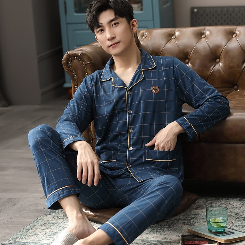 Winter 100% Cotton Pajamas Men Blue Sleepwear  Warm Pyjama Homme Cotton Pijamas Hombre Invierno Cotton Plaid Pyjamas Plus Size