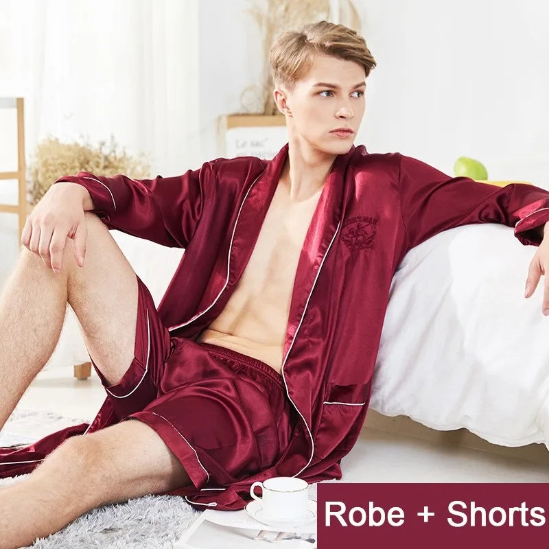 Men Robe Set Satin Loose Kimono Bathrobe Gown Sexy Long Sleeve Autumn Sleepwear Nightgown Bridegroom Wedding Intimate Lingerie