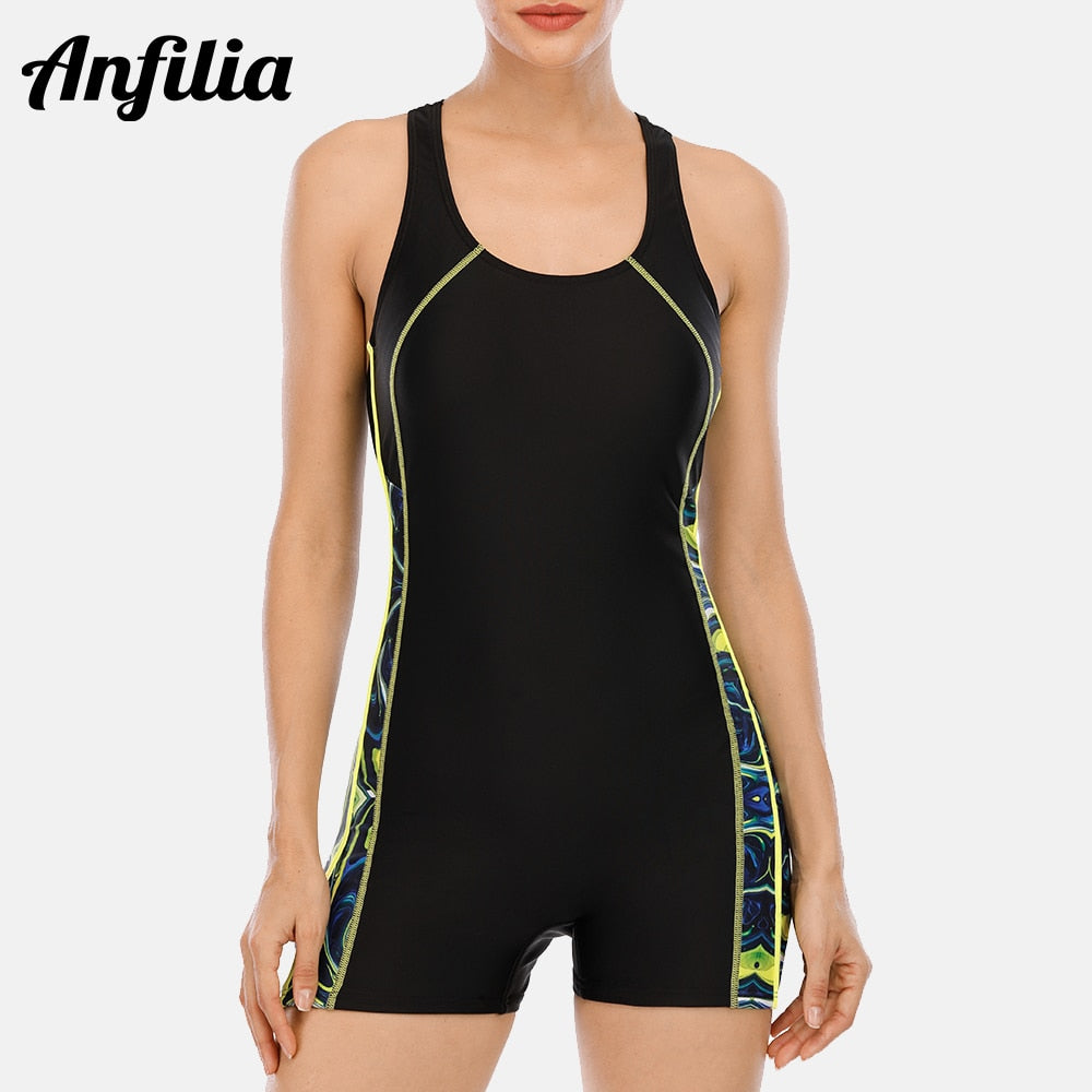 Anfilia One Piece Women Pro Sports Swimwear Boyleg Sport Swimsuit Patchwork Bikini Beach Wear Bathing Suit