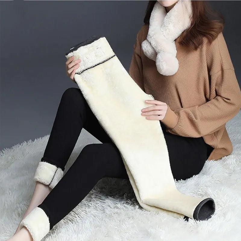 Winter Fleece Lined Leggings Women High Waist Velvet Keep Warm Pants Solid Comfortable Stretchy Thermal Tights Plus Size Leggins