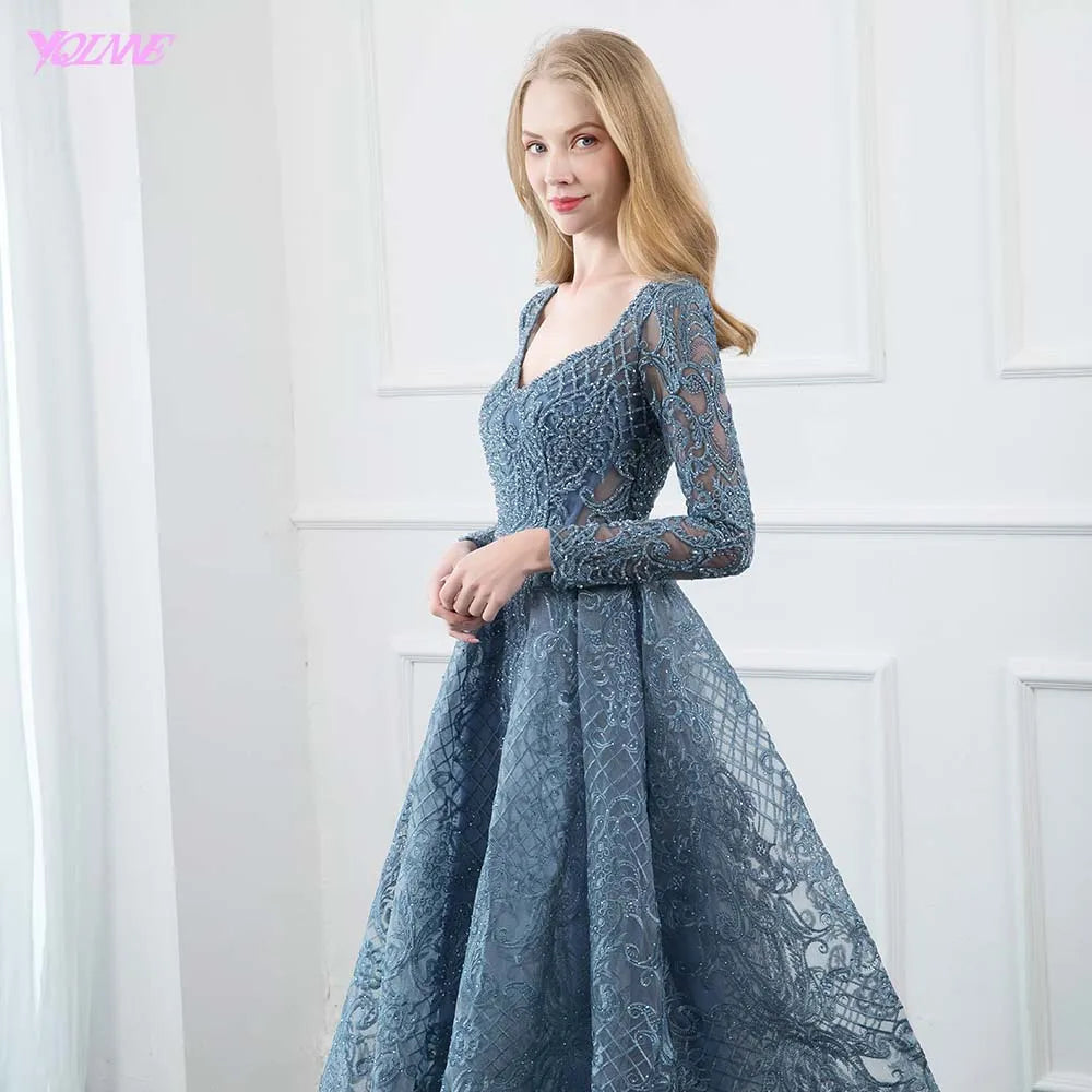 YQLNNE Dusty Blue Lace Embroidered Evening Dress Long Sleeve Formal Ball Gown Evening V Neck Crystal Beaded Dubai Dresses