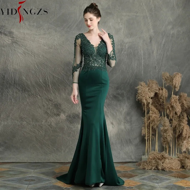 YIDINGZS Women See through Tulle Long Sleeve Dress Elegant Satin Navy Blue Appliques Evening Dress YD16357