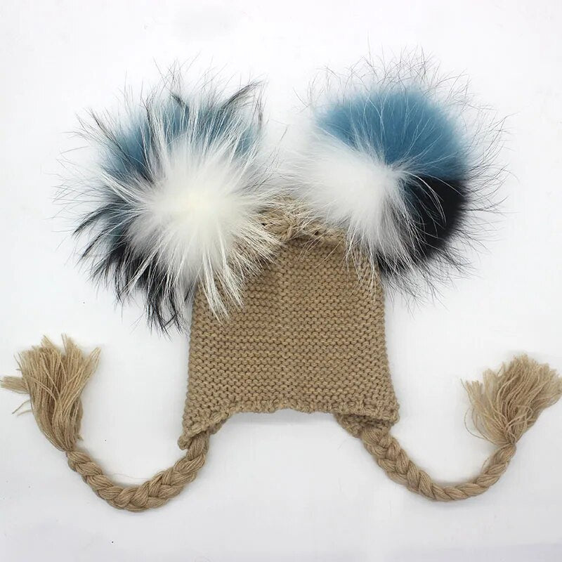 Kids knitted Scarf Hat Set Luxury Winter Warm Crochet Hats and scarves with Real Fur Pom Beanie Hat Scarf for boys and girls