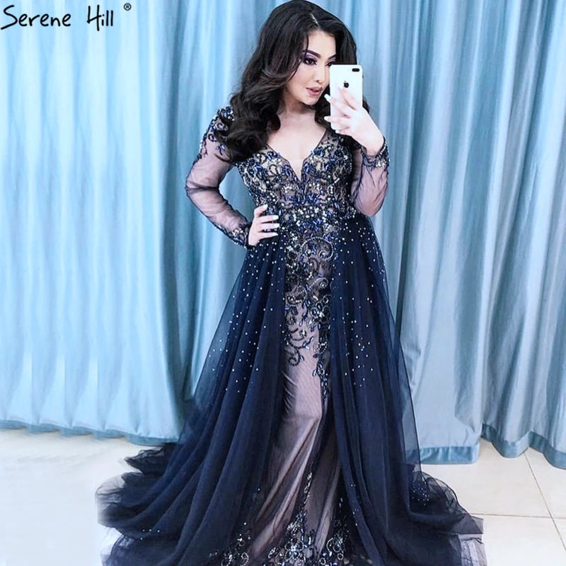 Serene Hill Green Sexy Mermaid  With Train Crystal Beaded Luxury Arabic Evening Dress Gowns For Woman Wedding Party 2023 LA6571