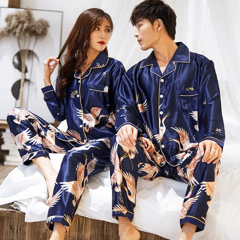 OVERSIZE Couples Print Pajamas Suit Shirt&amp;Pants Silky 2PCS Sleep Set Kimono Bathrobe Gown Casual Bridal Wedding Gift Nightwear