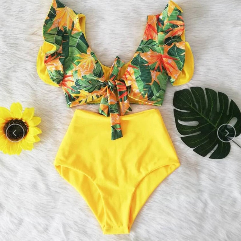 High Waist Ruffled Sexy Bikini Set 2022 Flounce Biquini Swimwear Women Two Pieces Swimsuit Floral Beachwear V-Neck Bathing Suit