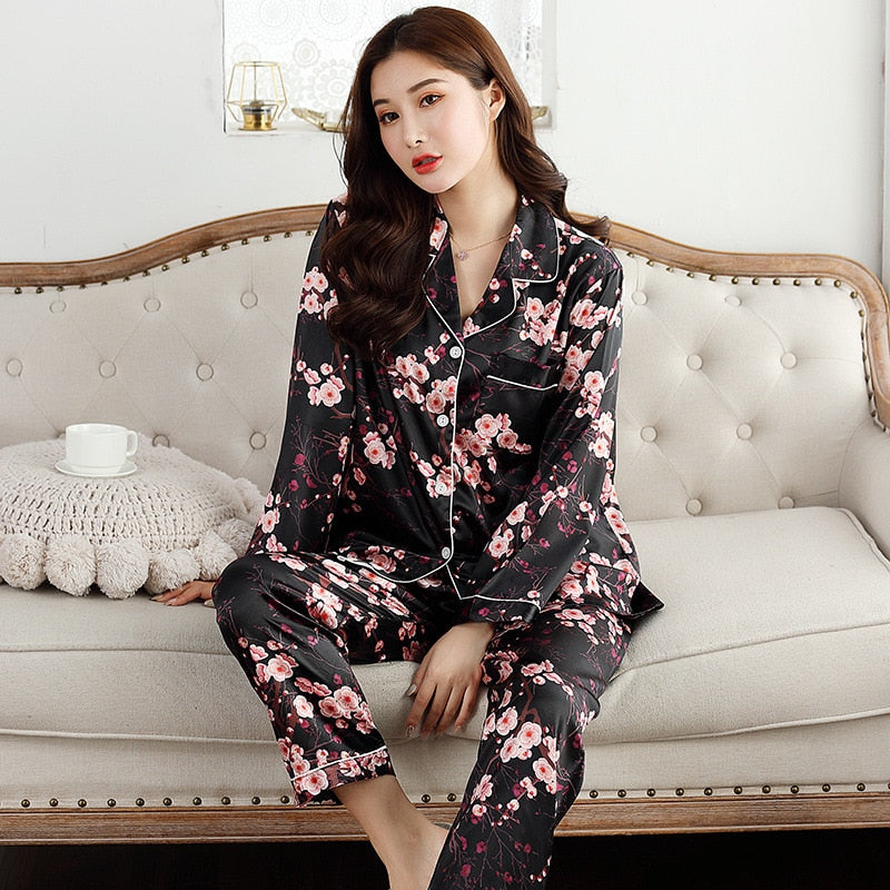 Satin Silk Pajamas for Women&#39;s Set pyjamas Button Pigiama Donna pjs Winter Mujer Pijama Sleepwear Nightwear Pizama Damska 2Pcs