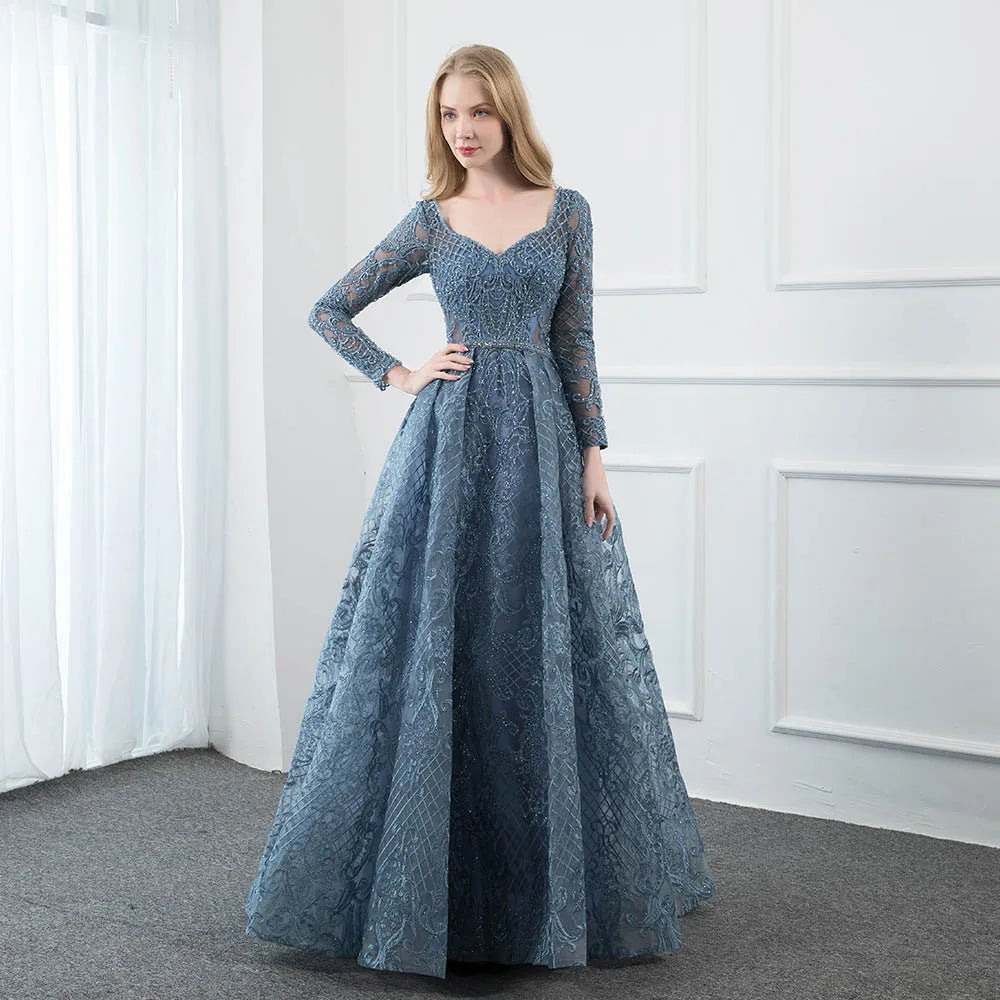 YQLNNE Dusty Blue Lace Embroidered Evening Dress Long Sleeve Formal Ball Gown Evening V Neck Crystal Beaded Dubai Dresses