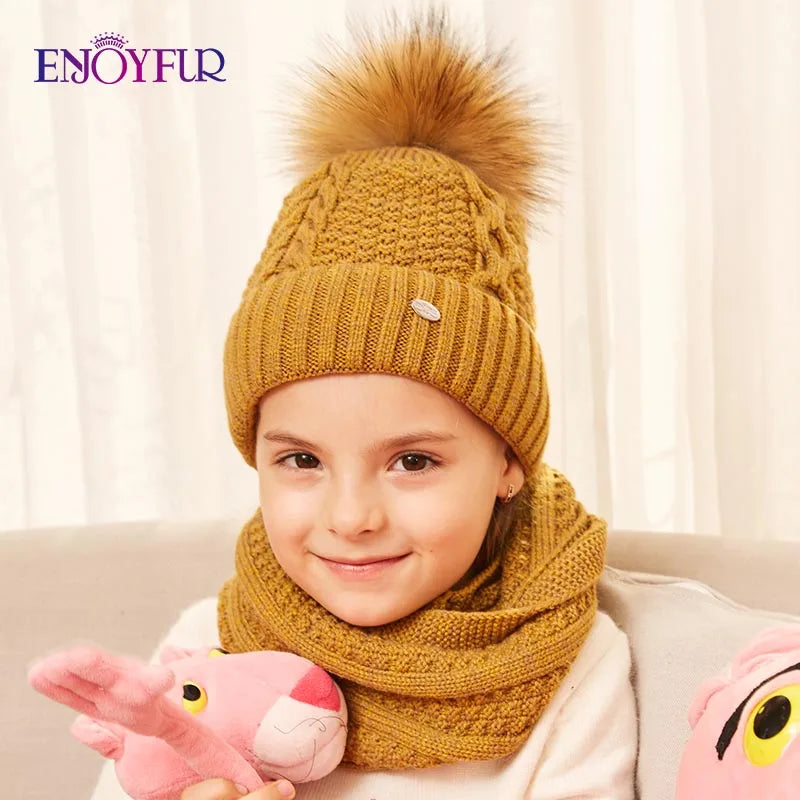 ENJOYFUR winter hat and scarf set for girls high quality Cotton knitted soft hat girl thick boy caps children warm hat set