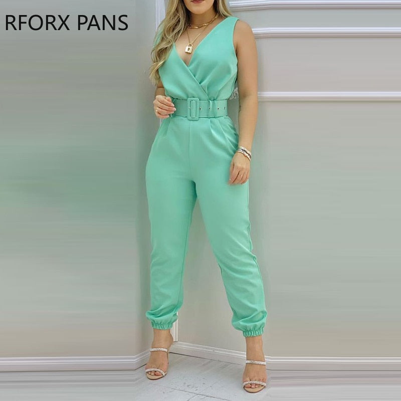 Soild Plain Sleeveless Pocket Design Backless Jumpsuit with Belt Casual Look for Women 2021