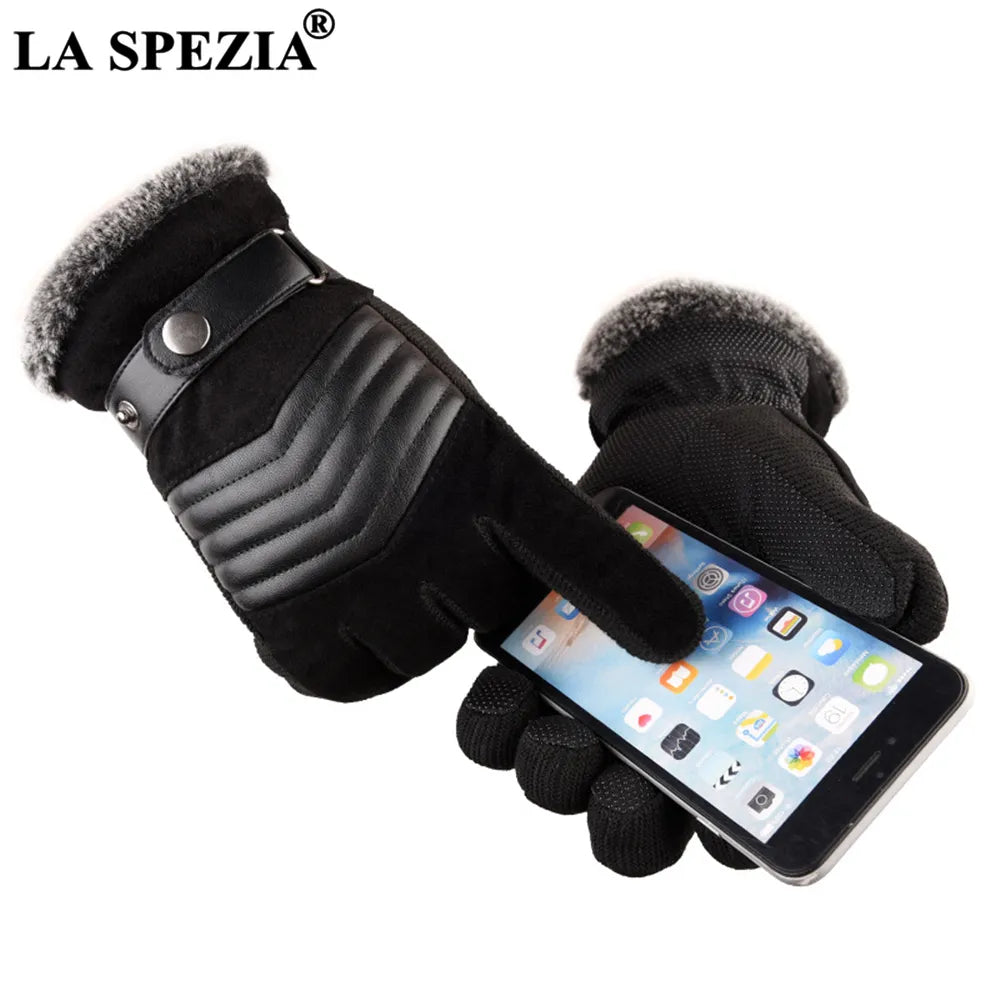 LA SPEZIA Brown Mens Leather Gloves Real Pigskin Russia Winter Gloves Warm Thick Driving Skiing Men's Gloves Guantes Luvas