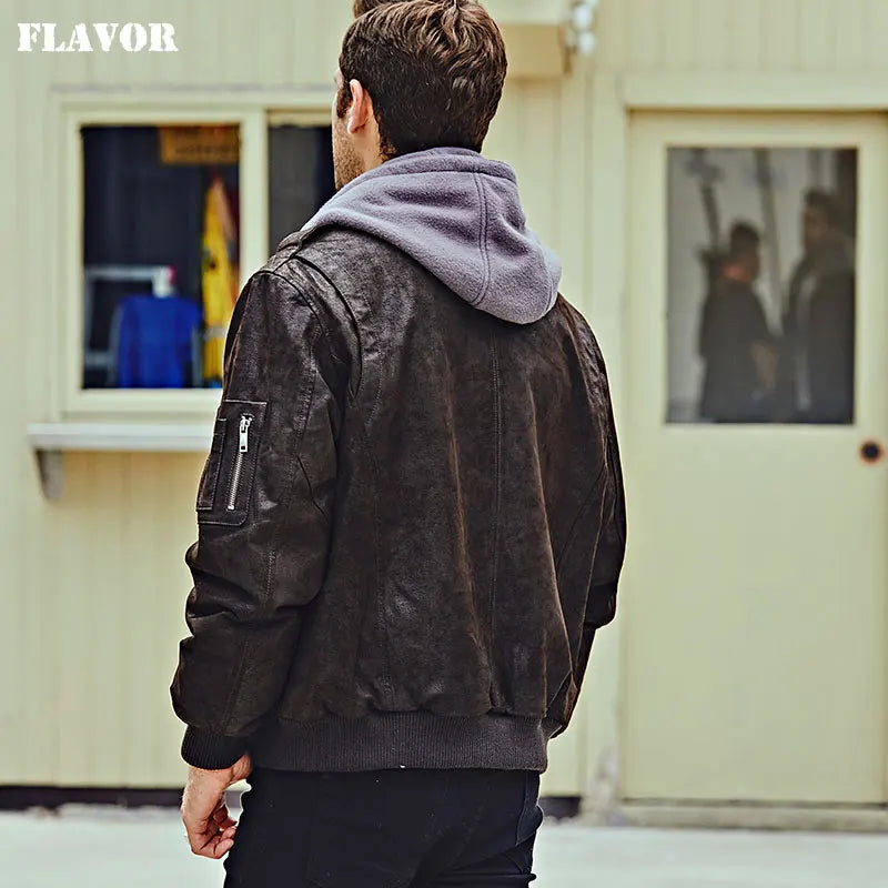 FLAVOR New Men's  Genuine Leather Bomber Jackets Removable Hood Men Air Forca Aviator winter coat Men Warm Real Leather Jacket