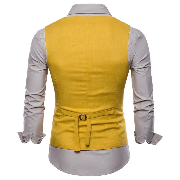 Casual Cotton Linen Mens Suit Vest Slim Fit Single Breasted Sleeveless Waistcoat Male White Yellow Green Orange Light Blue M-4XL